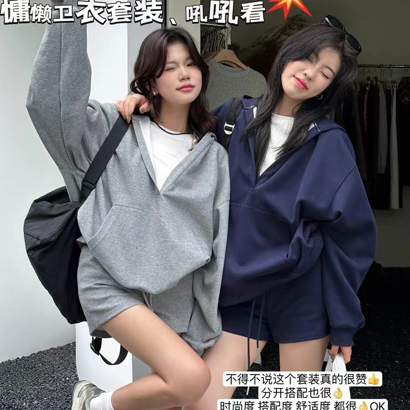 2025年秋季新款韩版宽松V领连帽卫衣+抽绳休闲短裤套装休闲两件套|undefined