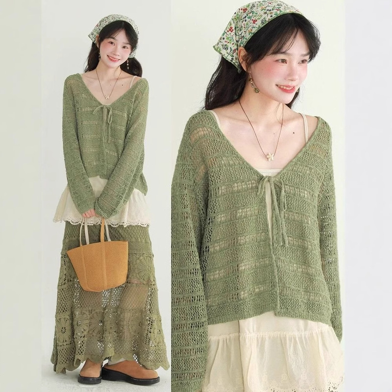 2025 New French Style Gentle Sunscreen Cardigan Small Hollow Lace-up Knitted Shawl Top Spring and Summer Gentle