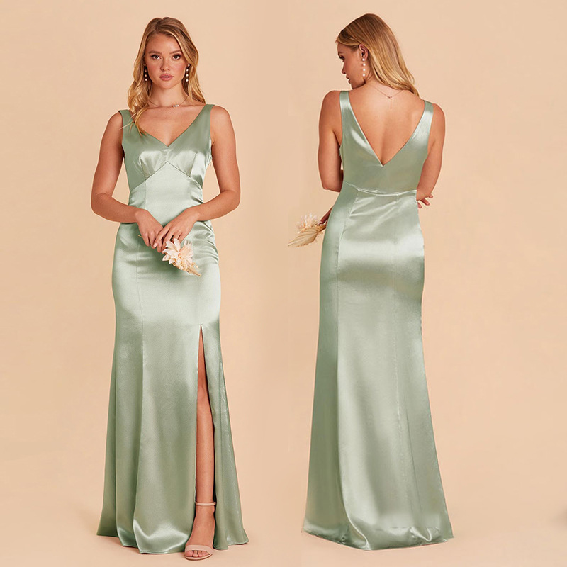 El nuevo vestido de dama de honor simple, el vestido de diseño colgante, generalmente puede usar un vestido de grupo hermano delgado verde de nicho, verano