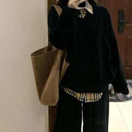 2025黑色假两件毛衣女秋季新款韩系叠穿学院风针织套头外套上衣
