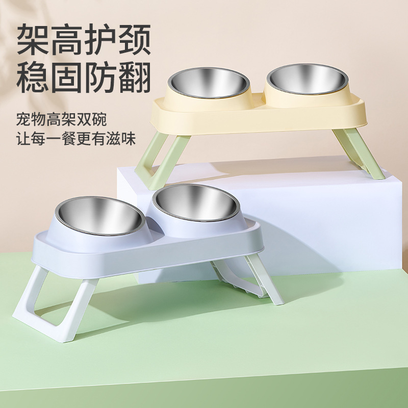 Cat Bowl, Dog Bowl, Pet Folding Stainless Steel Double Bowl, Cat Neck Protection Elevated Bowl, Anti-Slip, Anti-Knock over Pet Bowl Wholesale