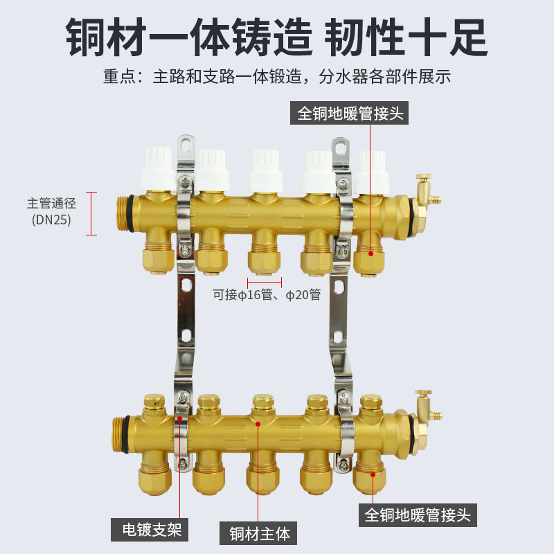B1封金漆1.2インチ家庭用大流量地熱分水器全銅一体厚さ地熱管分水器|undefined