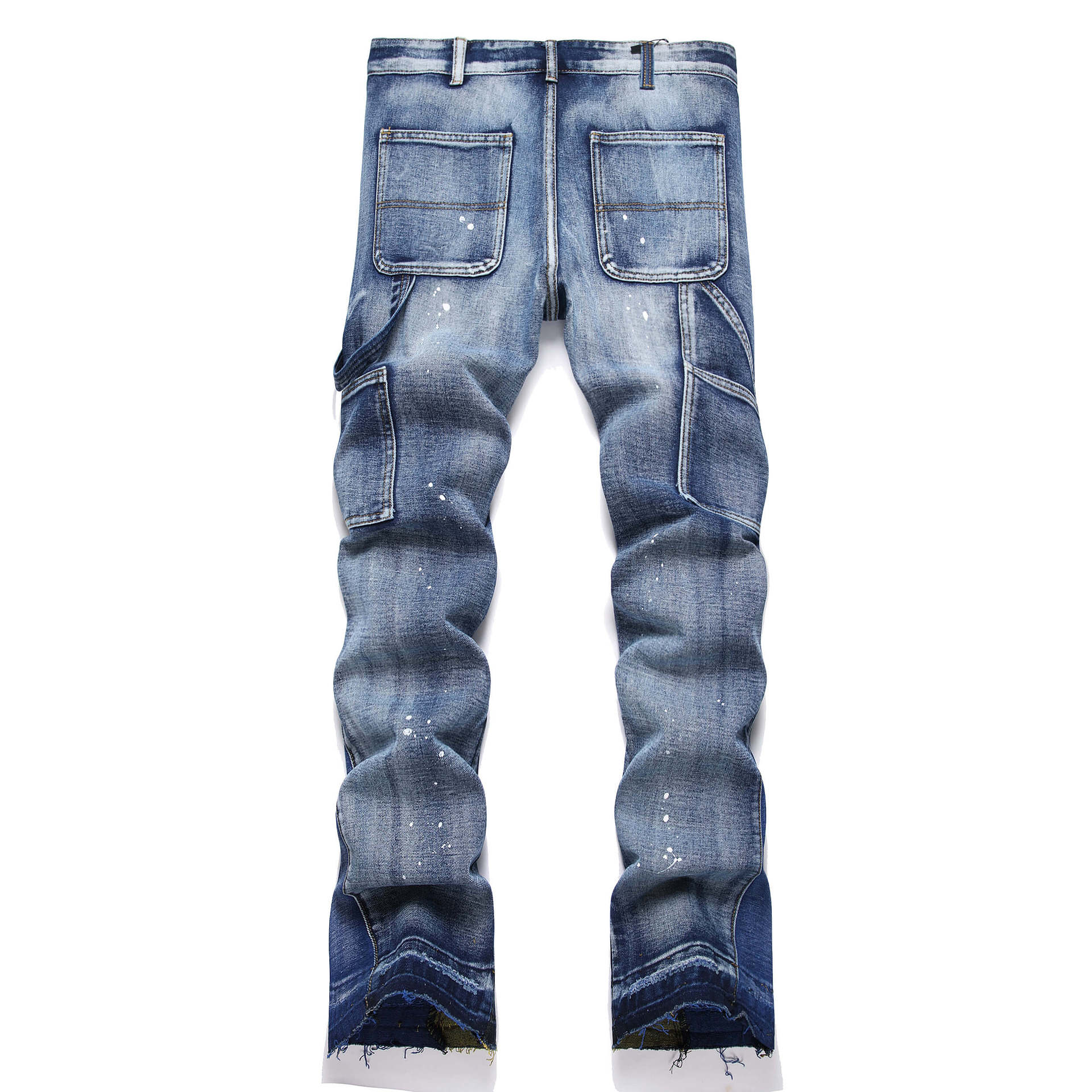 Men's Clothing punk blue multi pocket stitching loose non elastic straight tube micro flared men's jeans trend 3666_voghion.com