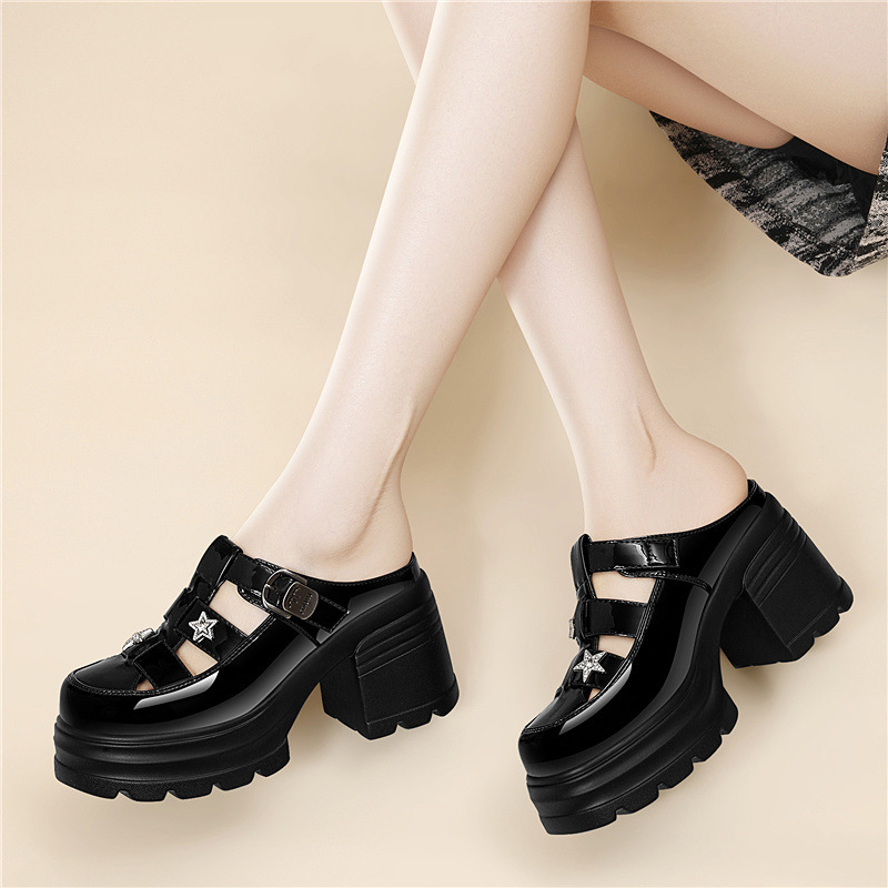 Sandal nữ tăng chiều cao đế dày 8 cm, mũi kín hở gót, thoáng khí, phong cách khí chất — 6069 Da đen, 6069 Màu be