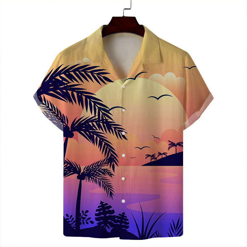 2024 verano hombre delgado casual cuello cubano moda cara hawaiana elástica camisa de manga corta con estampado digital 3D