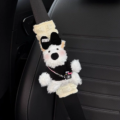 Car Seat Belt Shoulder Pads, Cute – Seat belt shoulder pad - camera-diamond-m-black-knot-black-sweater-west-highland-puff-shoulder-pads-hand-sewn