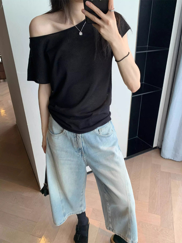 ワンピースツーウェア半袖Tシャツレディース夏オフショルダーロールエッジ斜め肩ニットトップ|undefined