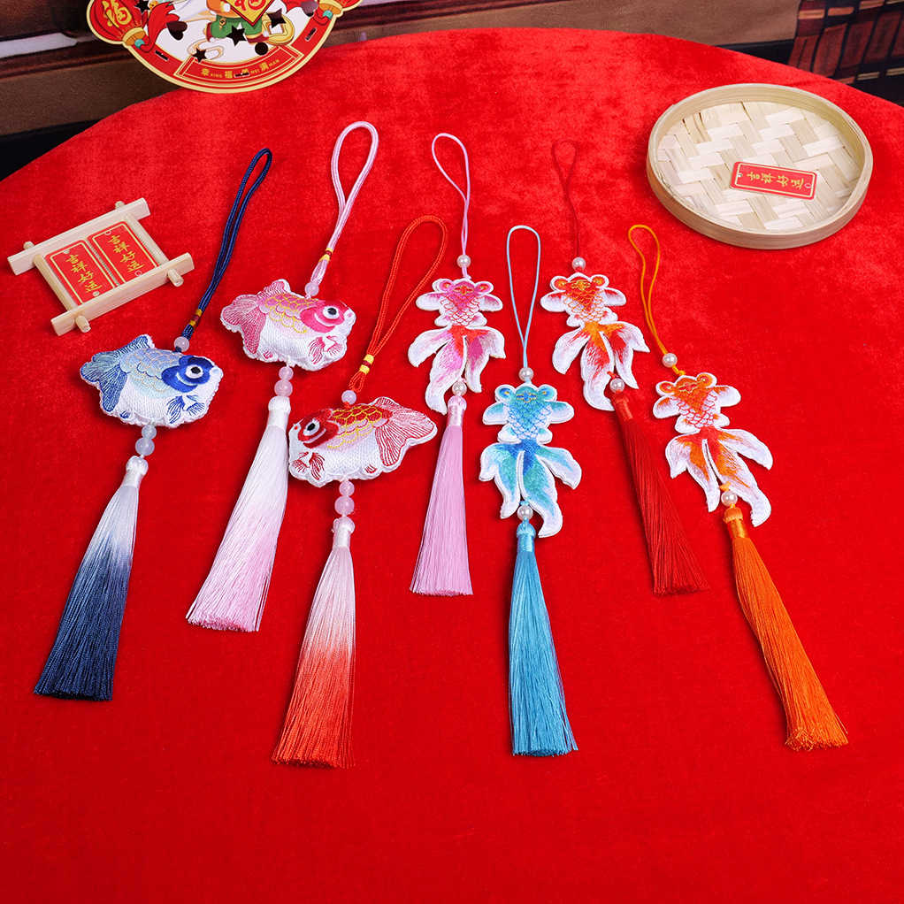 2025年新中式掛件雙面刺繡錦鯉吊墜紅色配件年宵材料包DIY手工