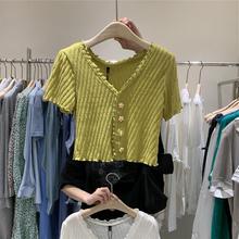 港风花边短袖针织衫女夏2024新款气质设计感小G高腰短款露脐上衣