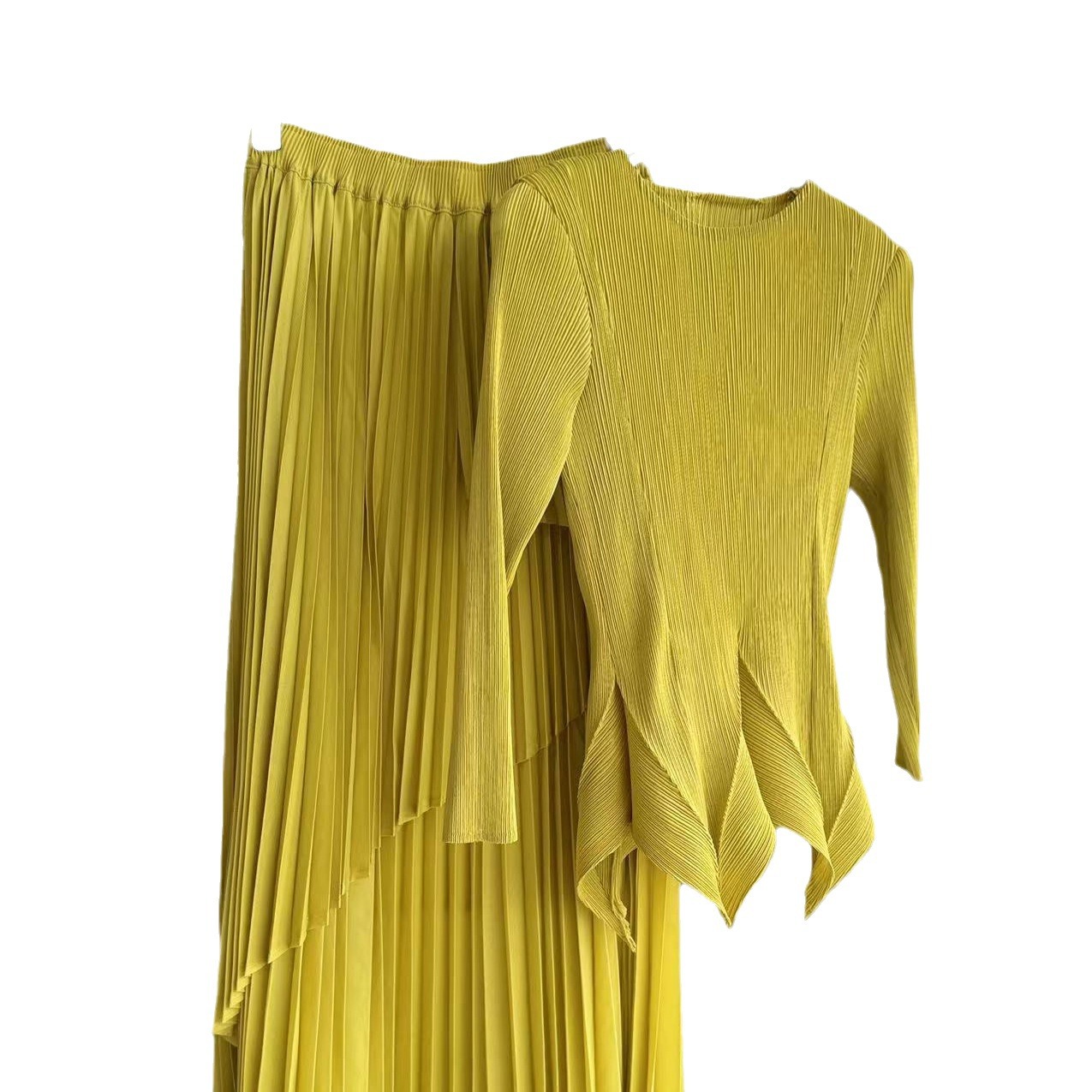 Women's Clothing solid color evening dress long sleeve two piece set floral hem elastic waist skirt top elegant commuter suit_voghion.com