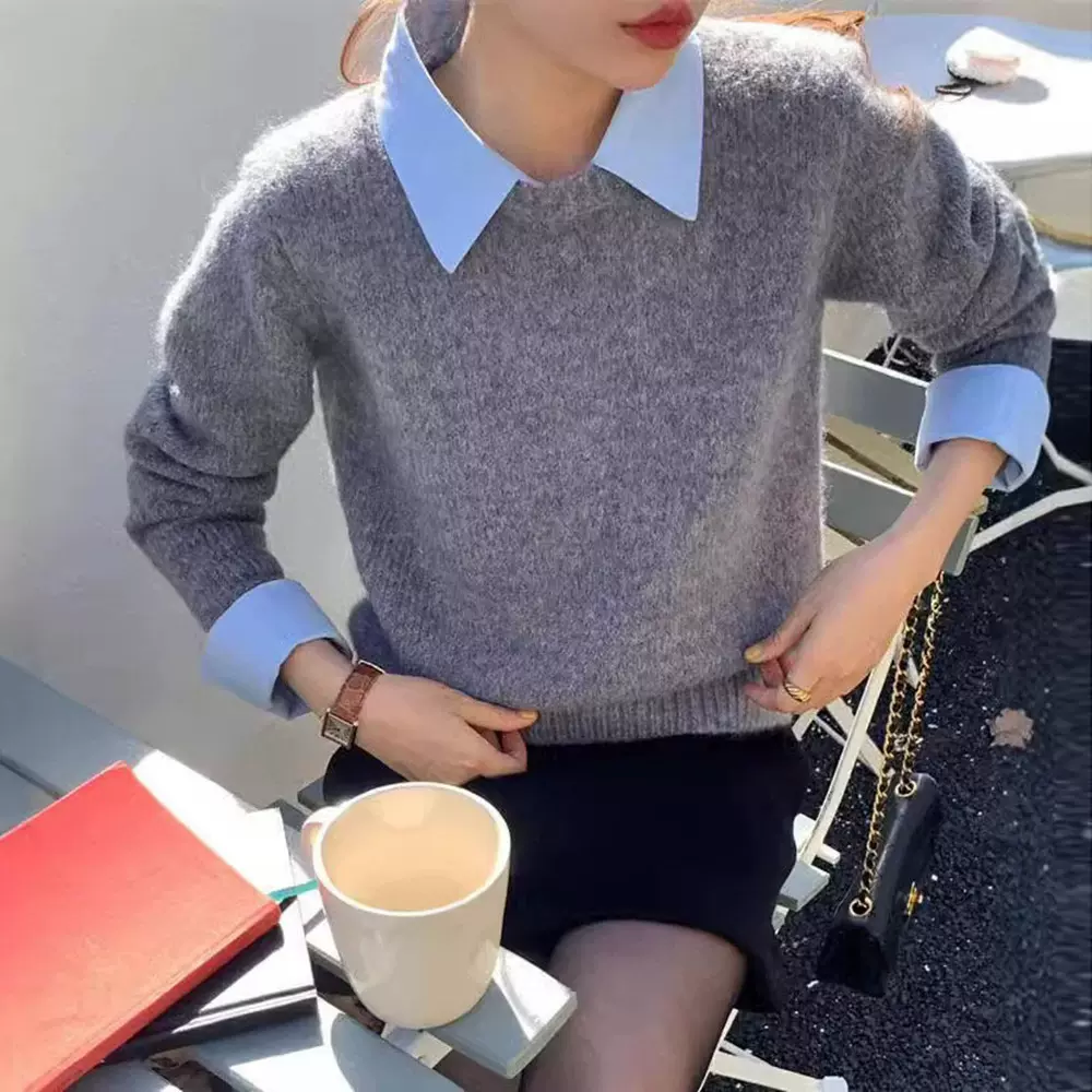日系拼接衬衫领假两件针织衫外穿秋冬新款毛衣显瘦百搭毛衣女上衣