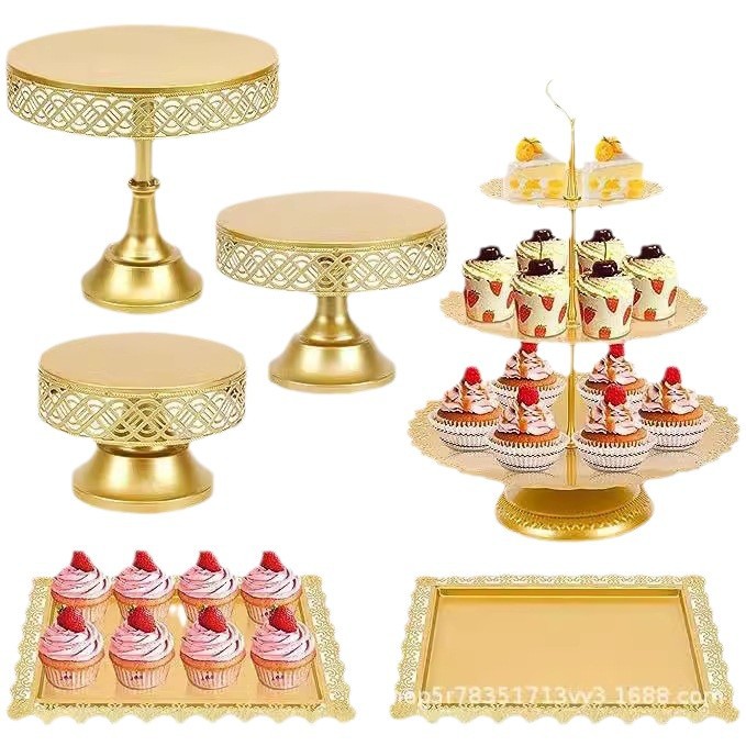 Soporte de dulces redondos adecuado para boda de cumpleaños fiesta de té tabla de postres estante de exhibición de seis piezas conjunto de estante de pastel dorado image 6