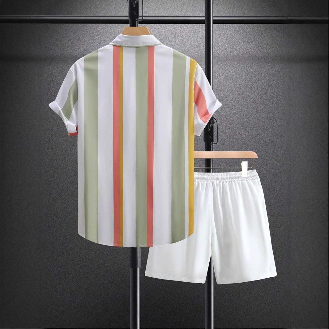 Traje de pantalones cortos de camisa de vacaciones hawaiana de verano de Xiyin transfronterizo 2024 venta caliente a rayas color de contraste impresión 3D