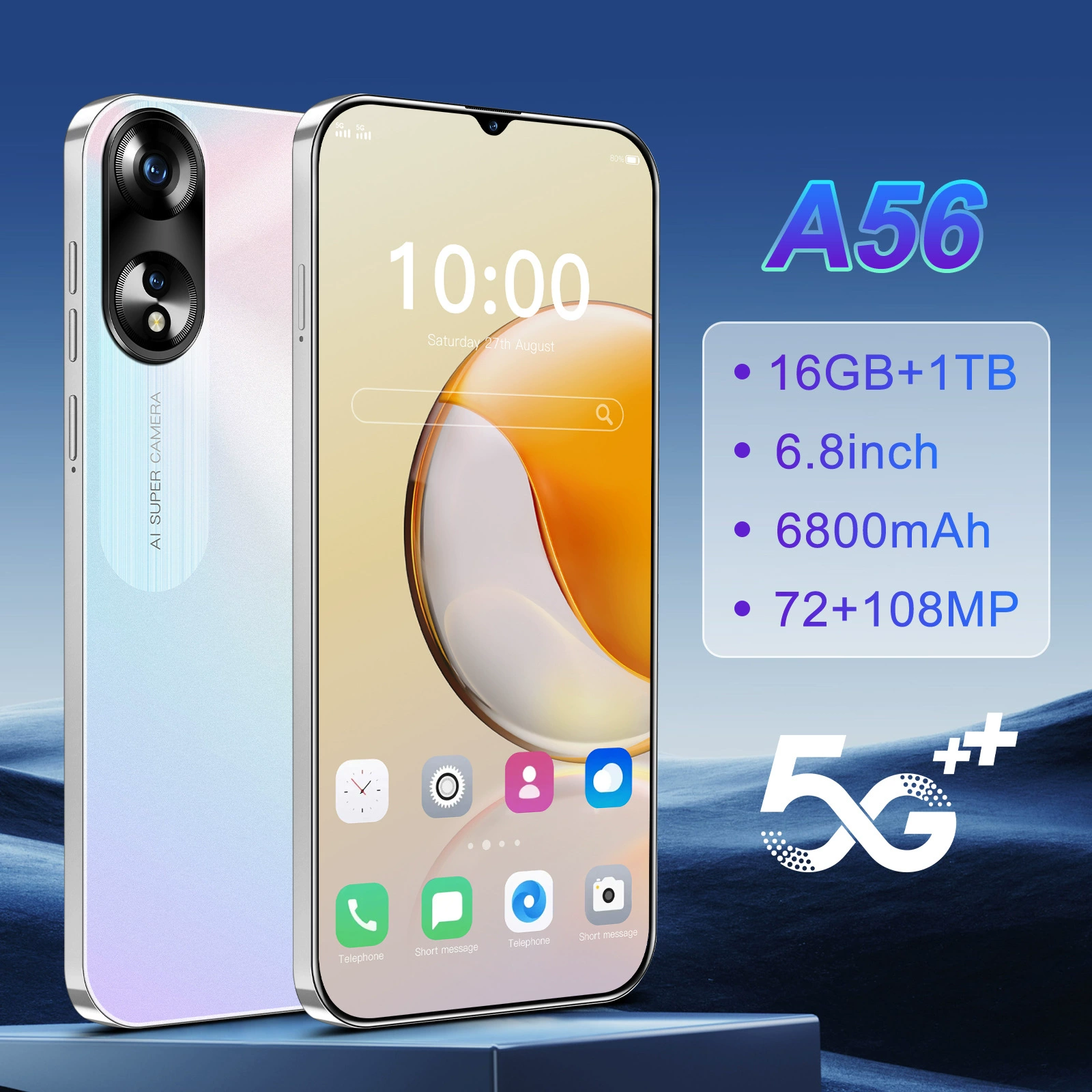 A56 умный 5G мобильный телефон 7.3 дюймов экран с дыркой посреди 16+1TB импорт источник заводская цена полный экран
