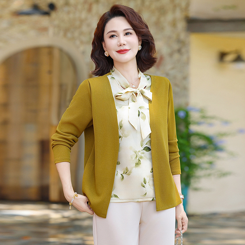 年轻妈妈装上衣秋季衬衫印花翻领气质大码中老年女装假两件小衫|undefined