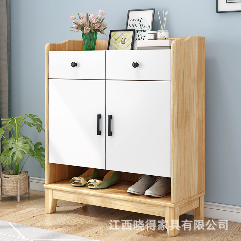Solid Wood Shoe Cabinet Floor-Standing Home Entrance Door Storage Cabinet Large Capacity Entrance Cabinet with Drawer Shoe Rack