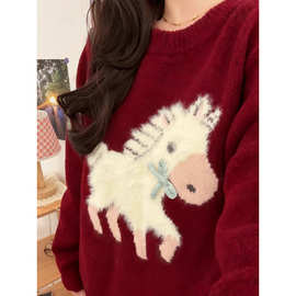 本命年！圣诞红色套头小马毛衣女冬季新款韩版宽松打底针织衫上衣