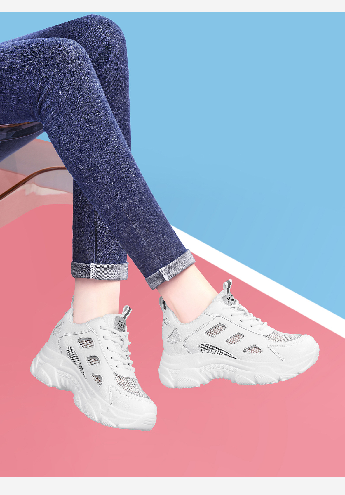 Giày sneaker nữ đế dày phối quần ống rộng, giày thể thao lưới thoáng khí mùa hè — DH 58623 Trắng, DH 58623m màu xám chi tiết 4