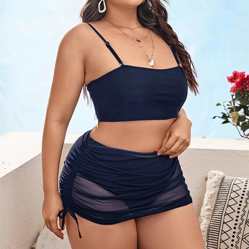 2023 New European and American Amazon Cross-border Large Size Mesh Three-piece Solid Color Drawstring Split Bikini Swimsuit