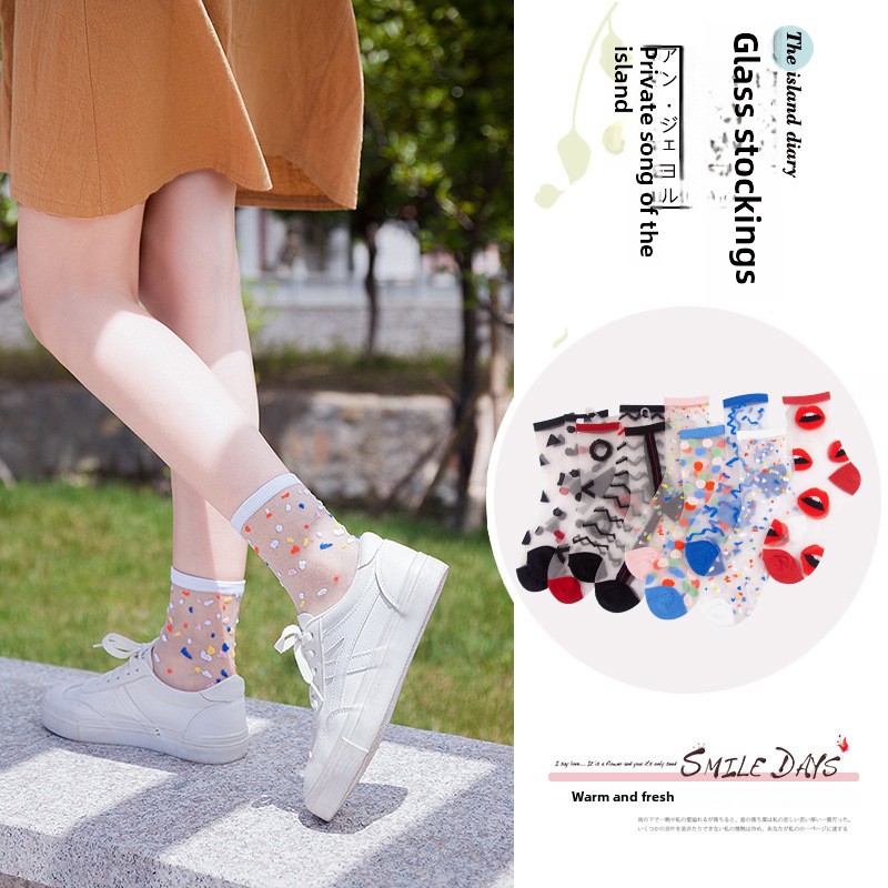 Glass silk socks tube ladies Crystal socks fashion women socks spring and summer transparent thin stockings wave point Wholesale_voghion.com