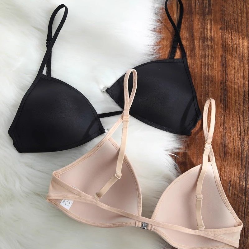 Summer French Triangle Cup Underwear Women's Beautiful Back Hanging Neck Thin Shoulder Strap Front Buckle Bra Thin No Mark Small Chest Bra