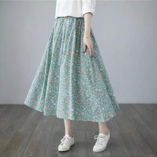 Pocket artistic small floral skirt women's mid-long fresh summer new slimming high-waist a-line skirt
