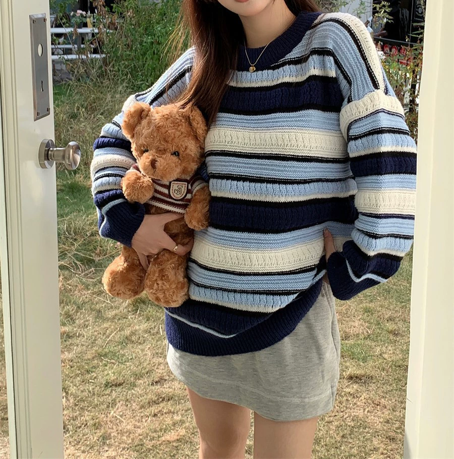Striped Twist Knit Sweater for Women, Loose Oversized, Spring–Autumn Casual Top