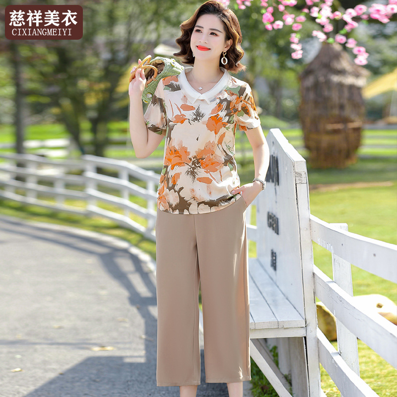 mom Summer wear suit Two piece set new pattern 50 Western style T-shirt middle age Middle and old age spring and autumn Short sleeved Chiffon shirt