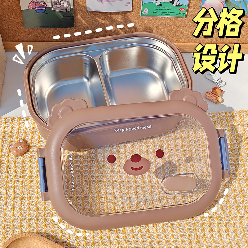 Cartoon Coffee Bear Fiambrera de almuerzo de acero inoxidable Estudiante oficinista Fiambrera aislada Fiambrera Portátil Bento Lote