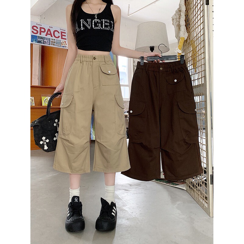 【Real Shot】 Washed Cotton Loose Pocketed Cropped Casual Pants for Women, Workwear Street Style, Versatile, Slimming, Loose Fit 【Real Shot】 Washed Cotton Loose Pocketed Cropped Casual Pants for Women, Workwear Street Style, Versatile, Slimming, Loose Fit
