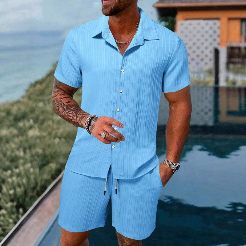 European and American Cross-Border Summer Amazon Aliexpress Men's Shirt Casual Loose Cotton and Linen Short-Sleeved Shorts Beach Suit