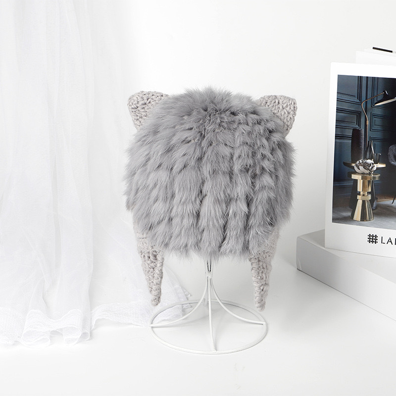 귀여운 토끼털 고양이귀 겨울모자-그레이