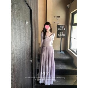Spring Outfit Set for Women with Fake Two-Piece Long-Sleeved Tops and Purple Half-Skirt Two-Piece Set