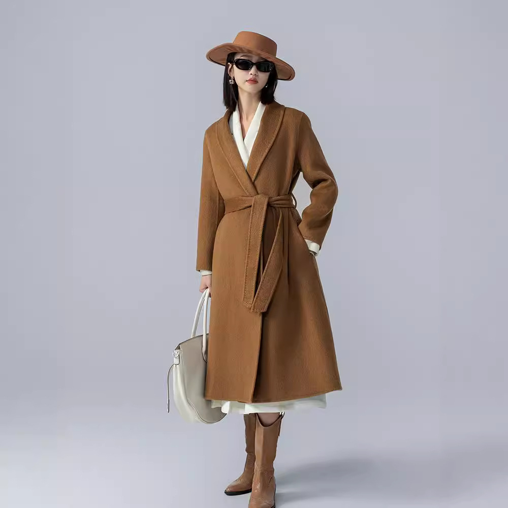 Autumn and Winter New Arrival Green Fruit Collar Camel Velvet Double-sided Wool Coat Women's Over-the-Knee Long Bathrobe Wool Coat