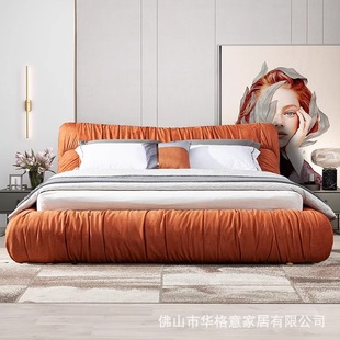Italian Minimalist Sand Velvet Bed Modern Simple Double Bed Nordic Fabric Bed Master Bedroom Wabi-Sabi Style Internet Celebrity Light Luxury Bed