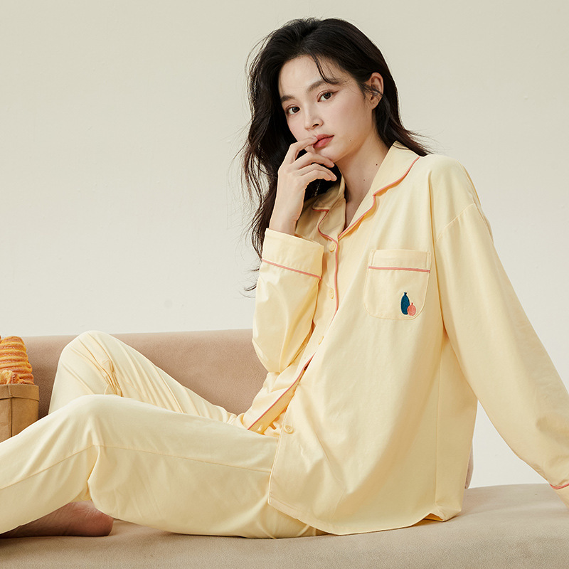 Spring and Autumn Long Sleeve Lapel Cardigan Women's Nightshirt with Chest Pad Summer Pure Cotton Simple Suit with Cup Home Clothes