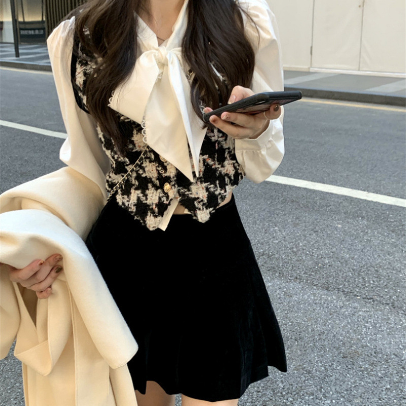 Xiaoxiang 千鳥格子ベスト女性の秋と冬の新しいレイヤードノースリーブカーディガントップショートスカートスーツ|undefined