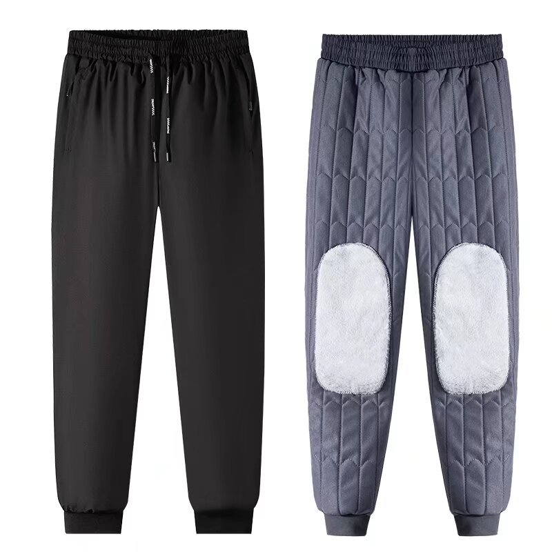 Winter cotton-padded trousers for men, thickened and fleece-lined, suitable for middle-aged and elderly men, windproof and waterproof, straight-leg casual trousers.