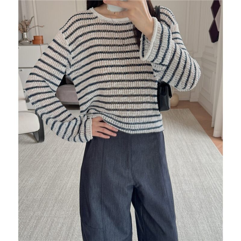 E Is Homologous | Japanese Fine-Spun Yarn Blue and White Striped Loose Casual Pure Cotton Knit Cardigan Top for Women E Is Homologous | Japanese Fine-Spun Yarn Blue and White Striped Loose Casual Pure Cotton Knit Cardigan Top for Women