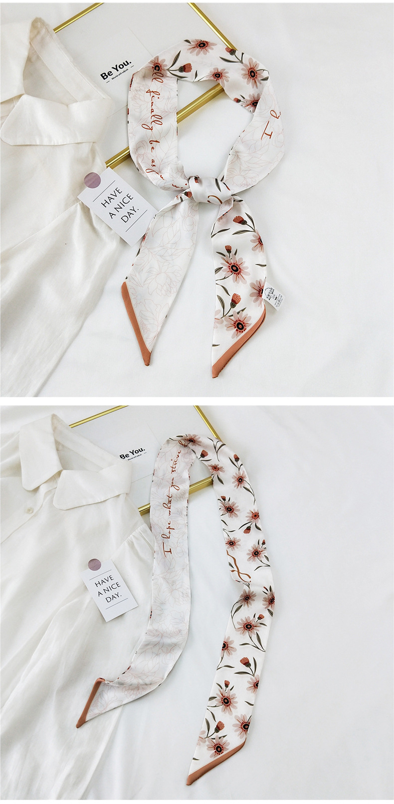 30g Weight Silk Scarf Classification Travel Occasion Unisex Gender Sweet Style White, Red, Green, Blue, Gold Color New Long Korean Style Fashion Printing Silk Scarf 14