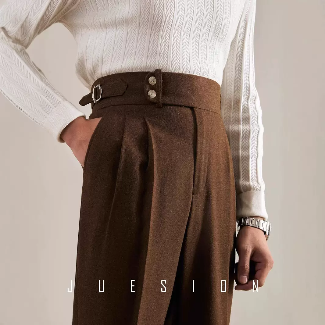 意式那不勒斯小西裤秋冬高腰直筒男士商务休闲裤高级垂感西装裤子