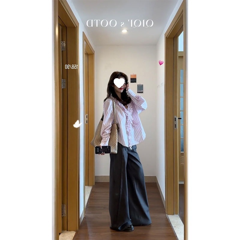 2025早春新款韩系减龄V领条纹长袖衬衫上衣女潮|undefined