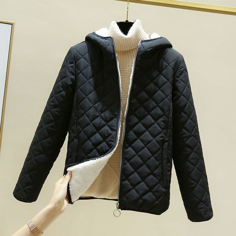 加绒加厚棉衣女冬季新款2025羊羔绒短款棉袄纯色百搭连帽棉服外套|undefined