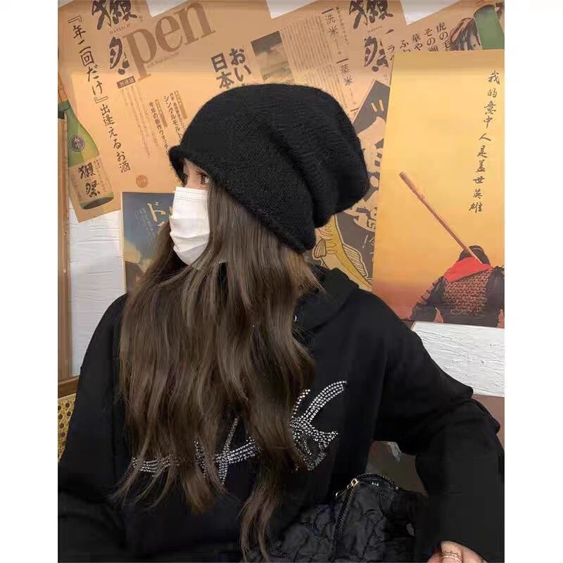 冷帽女秋冬针织大头围保暖毛线帽厚针织混纺包头显脸小宽松堆堆帽|undefined
