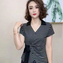 新款短袖条纹t恤女衬衫不规则时尚遮肚显瘦体恤衫夏季妈妈上衣女