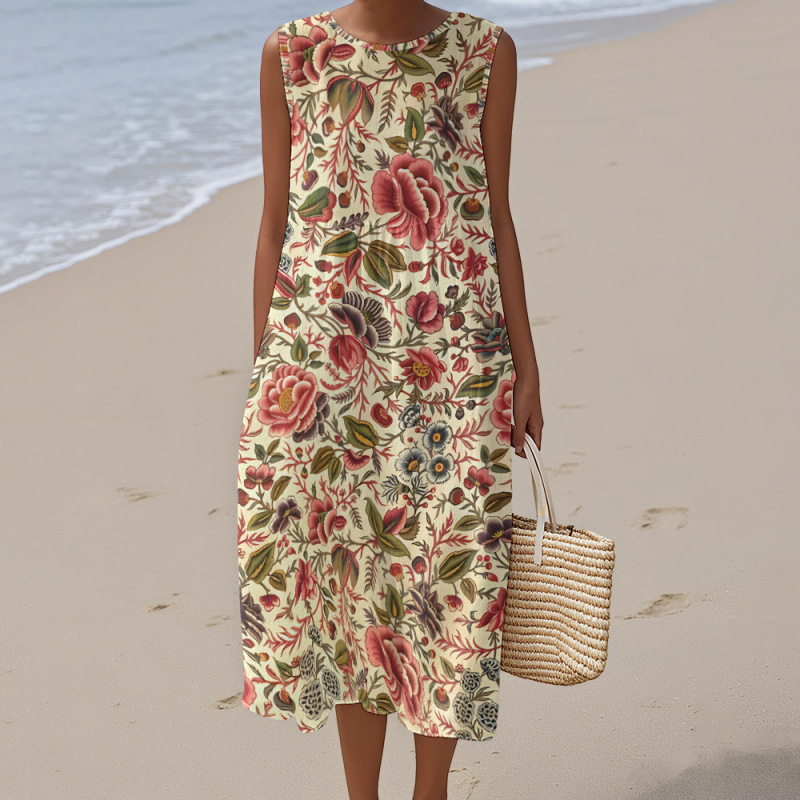 Women's Long Sleeveless Dress, Pastoral Style Women's Outfit, Polyester, European and American Sweet and Fresh Style Women's Long Sleeveless Dress, Pastoral Style Women's Outfit, Polyester, European and American Sweet and Fresh Style