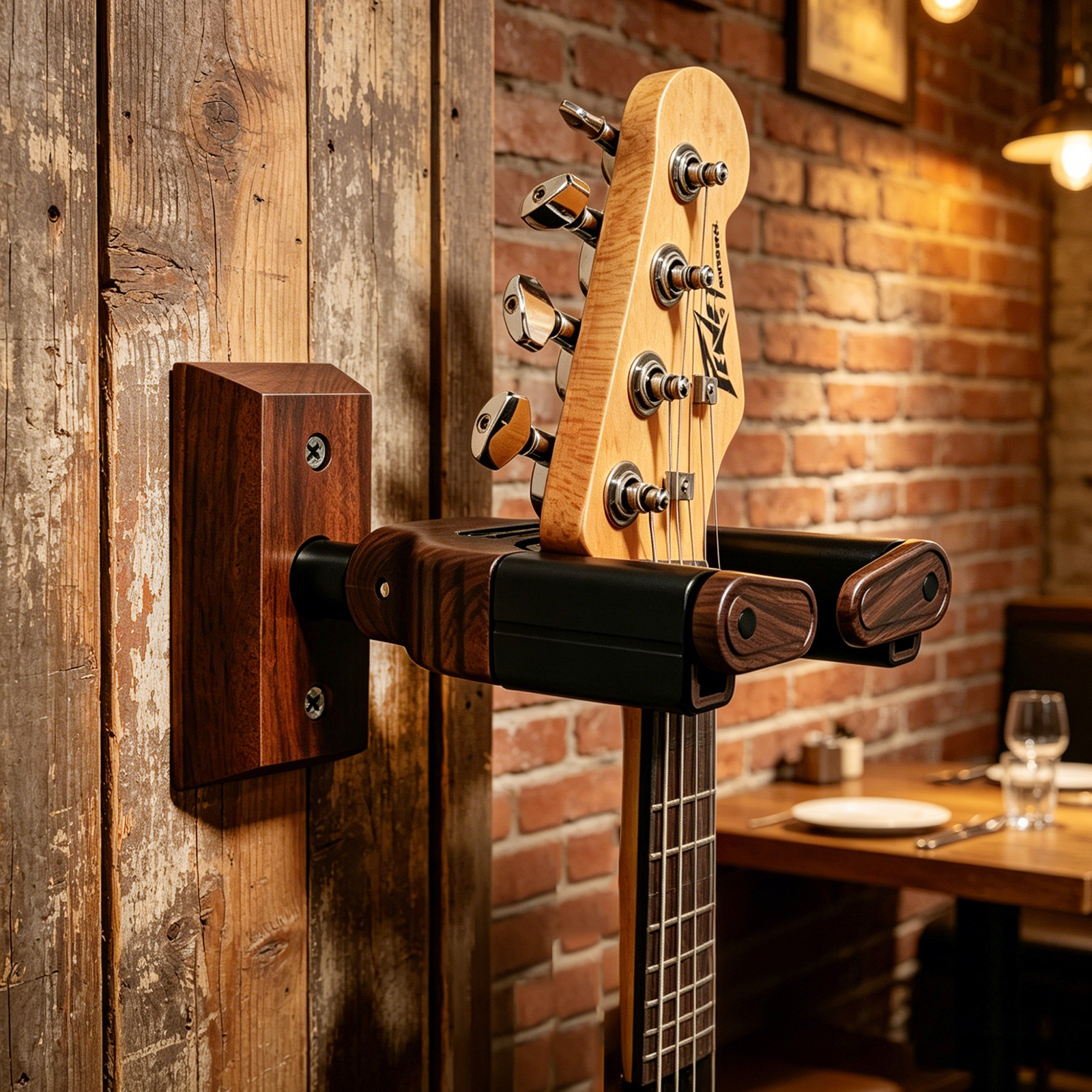 Punk Amazon suministro guitarra autoblocante gancho de madera maciza forma de la guitarra grano de madera dividida gancho de la guitarra fabricante
