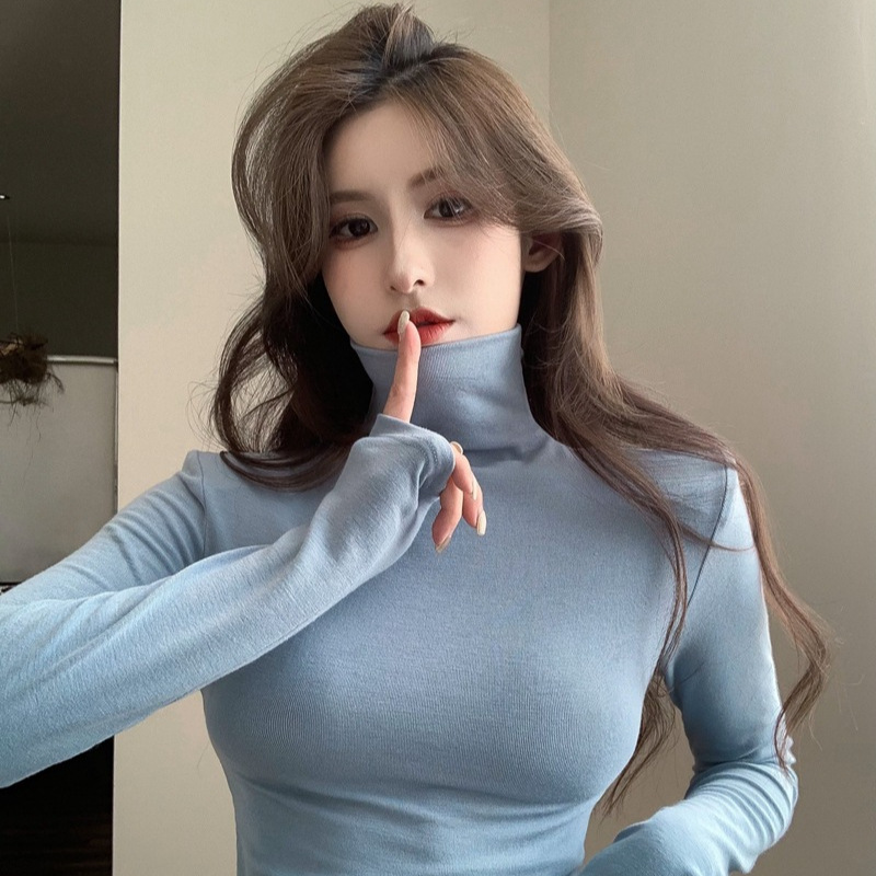 2025 Real Shot Winter Soft Slim Fit Slimming Brushed Inner Long Sleeve T-Shirt Tight Short High Collar Padded Shoulder Base Shirt