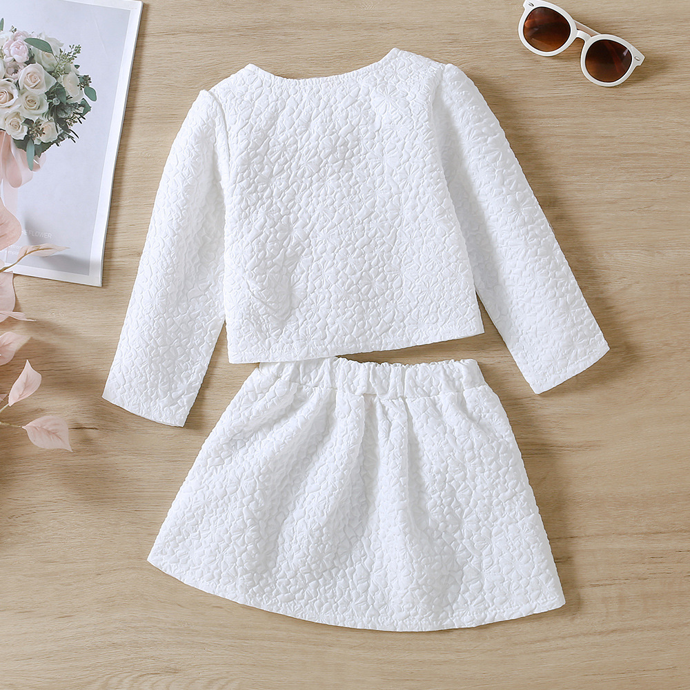 18M-6Y White Solid Color Pearl Style Button Tops And Skirt Two Pieces Set Baby Wholesale Clothing