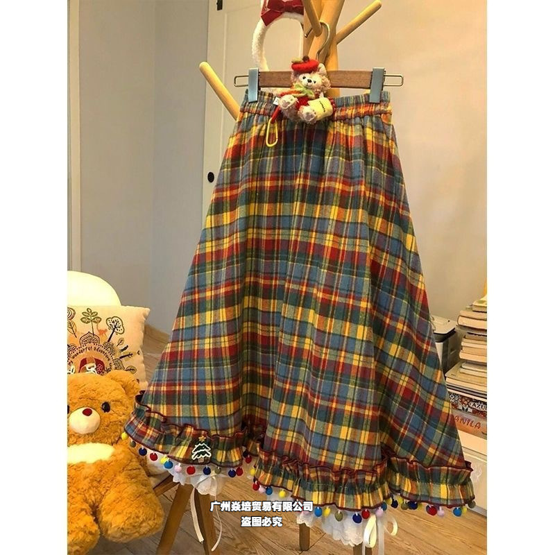 圣诞小糖豆!复古节日感彩色格子百褶裙半身裙|undefined